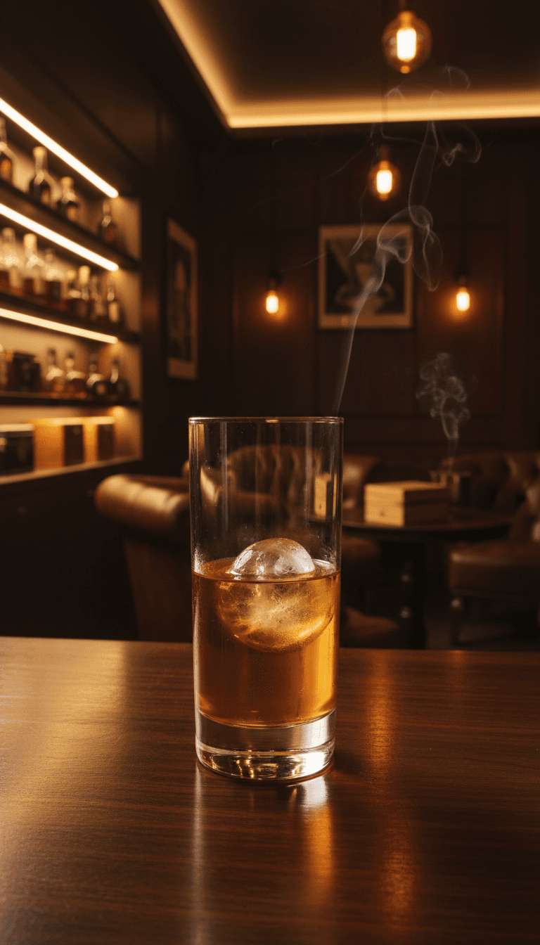 Whiskey glass on dark bar top with warm lighting