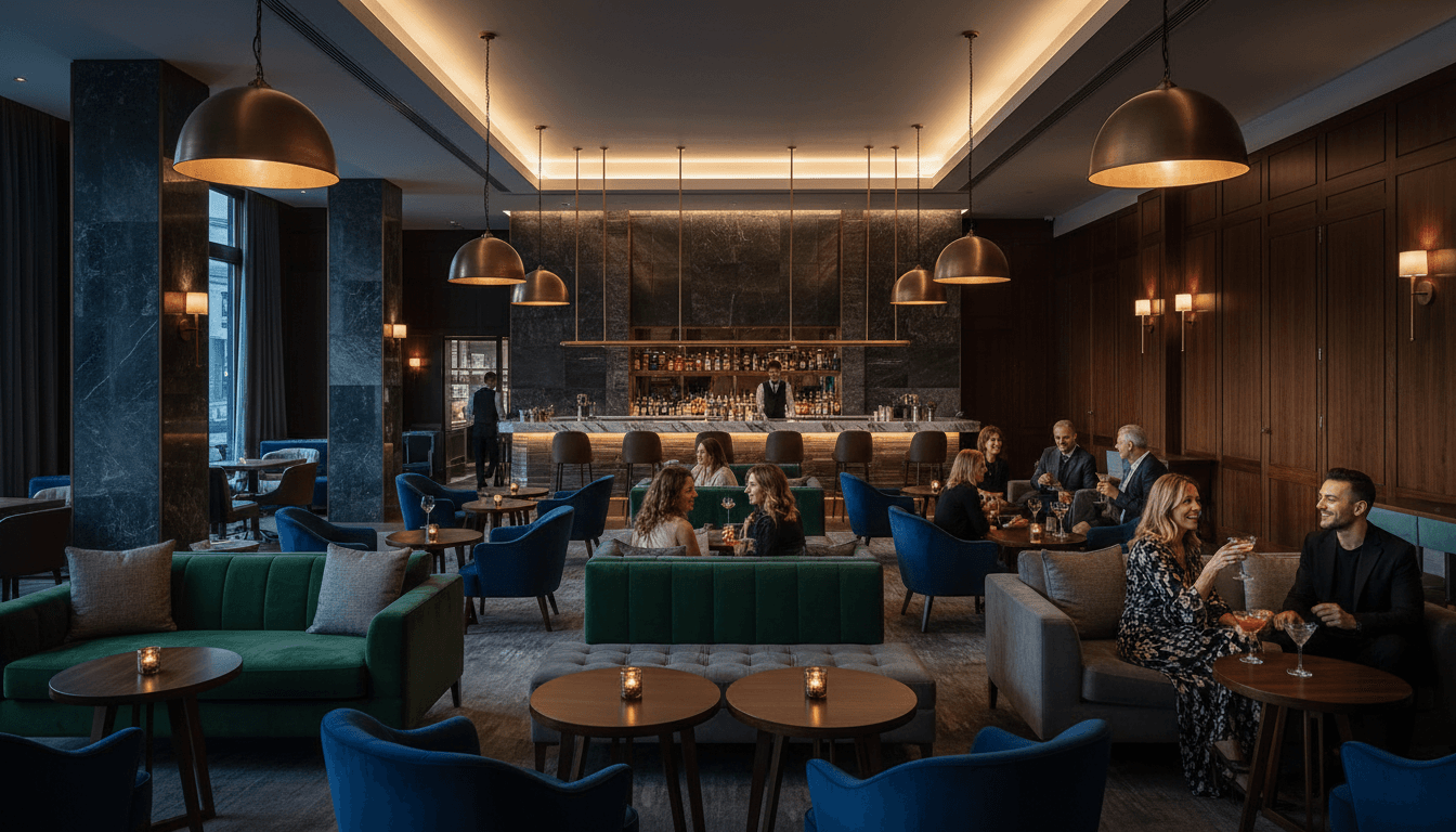 A cozy, sophisticated cigar lounge with leather chairs and warm amber lighting