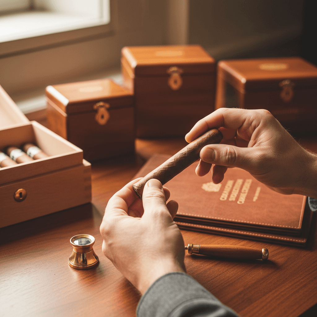 Hand selecting cigars from a humidor
