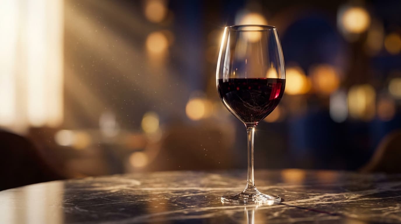 Crystal wine glass with deep burgundy wine on dark marble, golden light creating elegant bokeh lounge ambiance