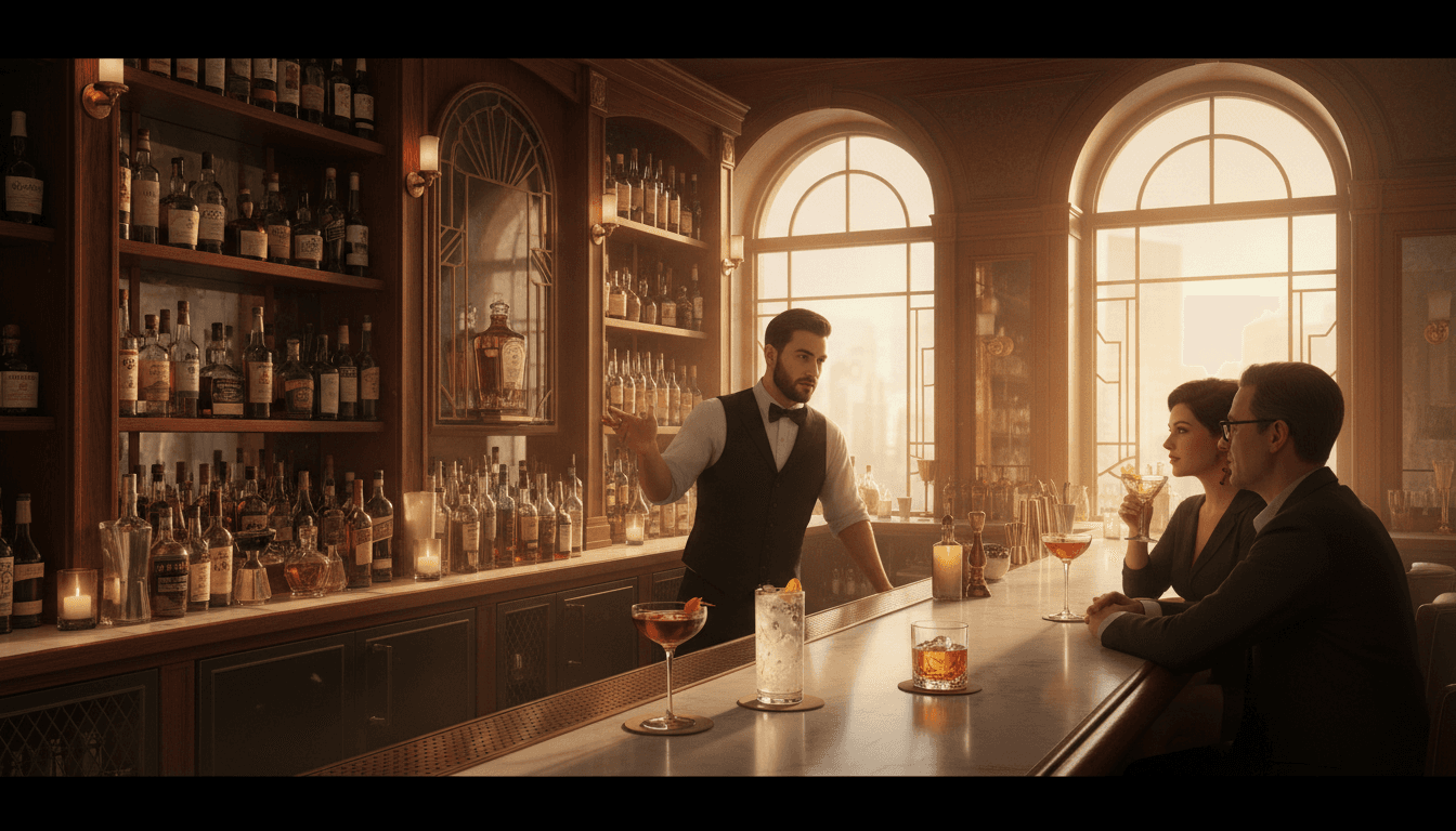 Bartender greeting a guest at a cigar bar