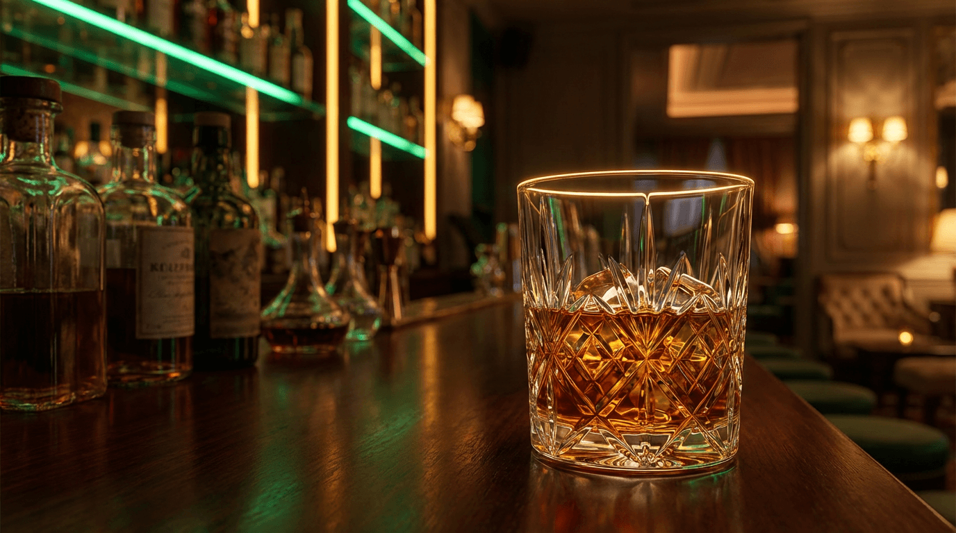 Bottles of bourbon, whiskey, and cognac on a wooden bar shelf