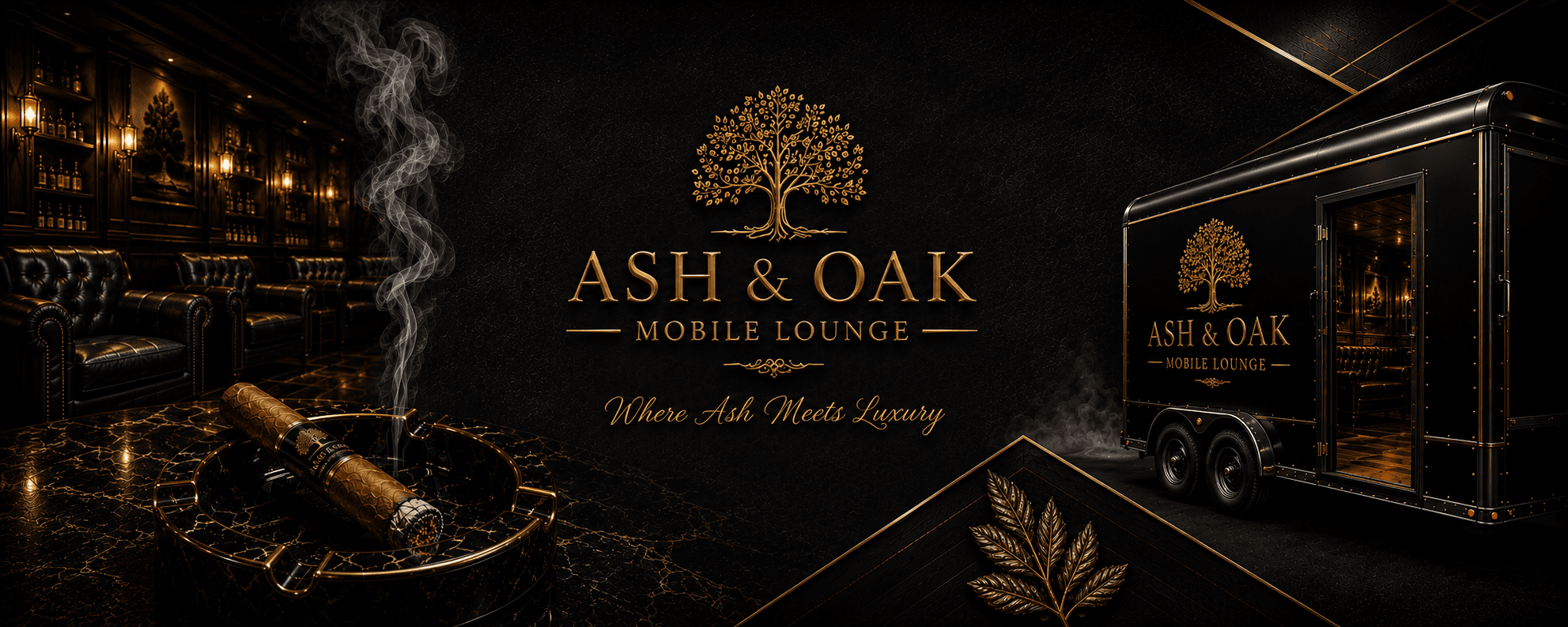 Ash & Oak Mobile Lounge advertisement featuring a lit cigar and luxury black trailer.