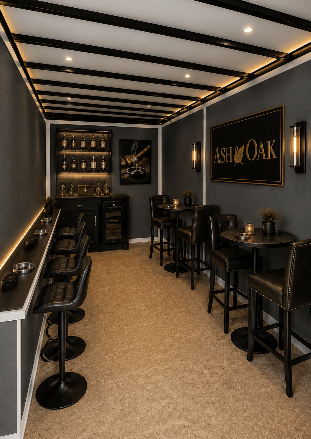 Sophisticated cigar lounge with dark walls, leather seating, and a bar under warm, beamed lighting.
