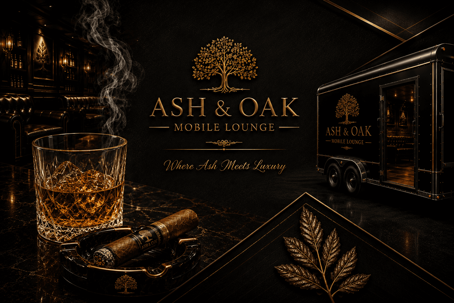 Luxury mobile lounge promotion featuring a whiskey glass, lit cigar, and black gold-accented trailer.