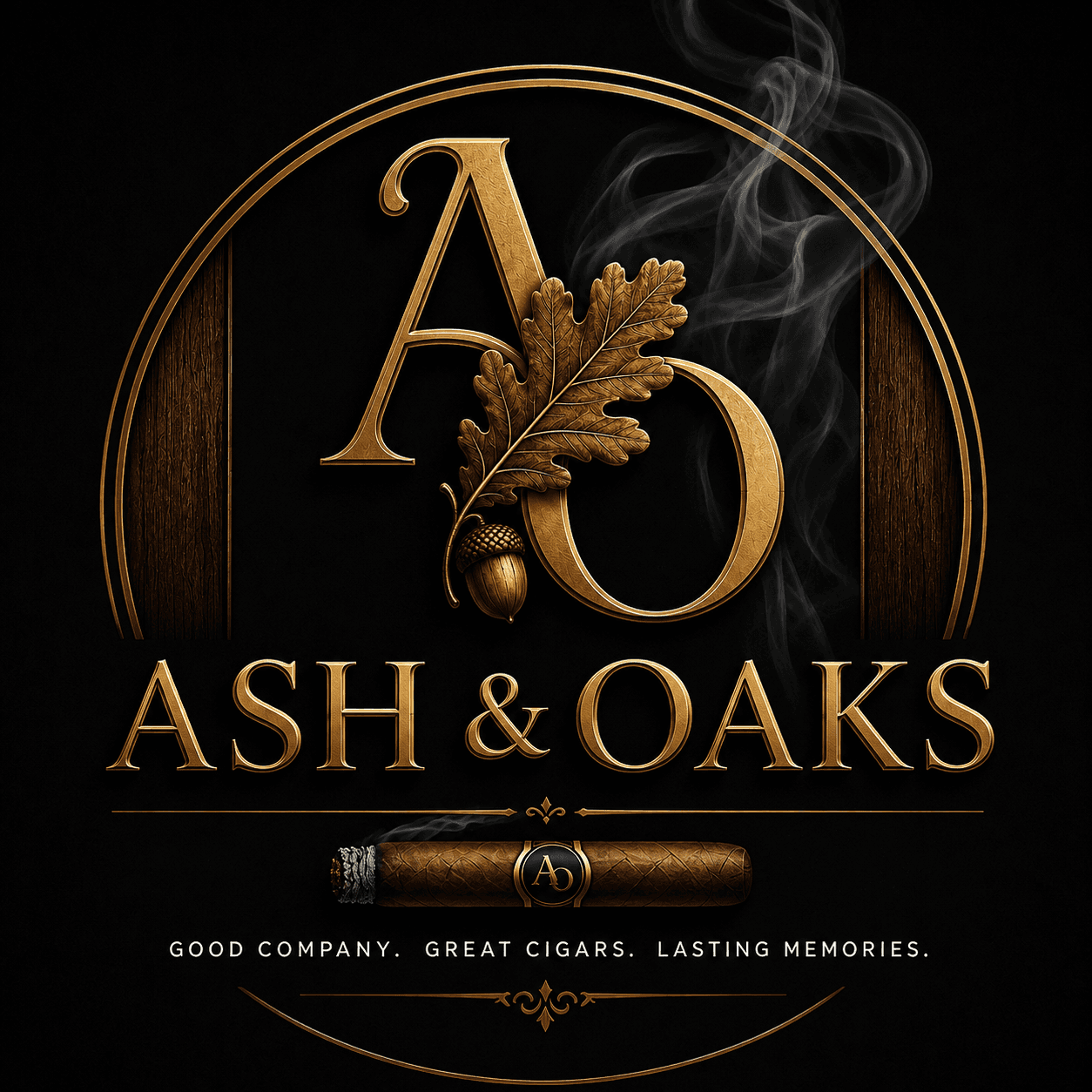 Gold Ash & Oaks logo featuring an oak leaf, acorn, and a smoking cigar.